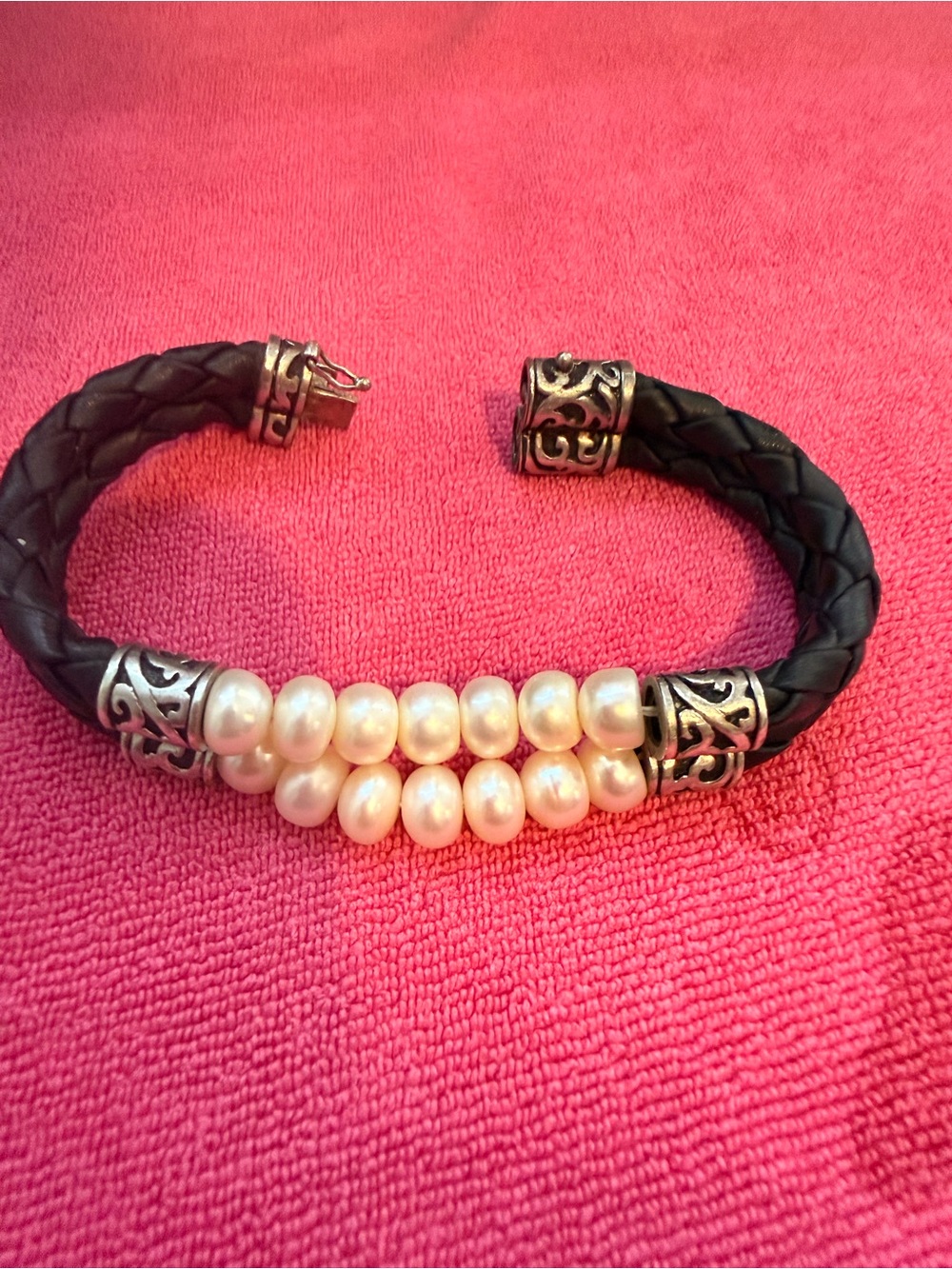Honora Black Braided Leather Cuff with White Freshwater Pearls and silver accent